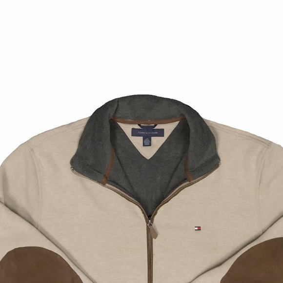 NEW Vintage Tommy Hilfiger Sweatshirt Sweat Jacket! Tan Faux Suede Elbow Patches - Picture 2 of 2